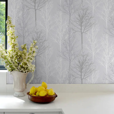 Grey Silver Silhouette Tree Wallpaper Metallic Shimmer Slightly Textured Feature Wall