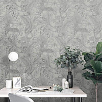 Grey Silver Tropical Monkey Tiger Parrot Glitter Leaf Textured Wallpaper