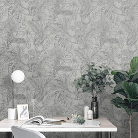 Grey Silver Tropical Monkey Tiger Parrot Glitter Leaf Textured Wallpaper