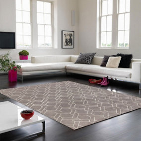 Grey Silver Wool Handmade Modern Luxurious Chequered Geometric Rug For Living Room and Bedroom-120cm X 170cm