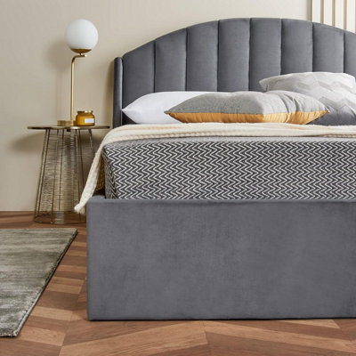 Grey Small Double Ottoman Bed With Curved Headboard & Wings