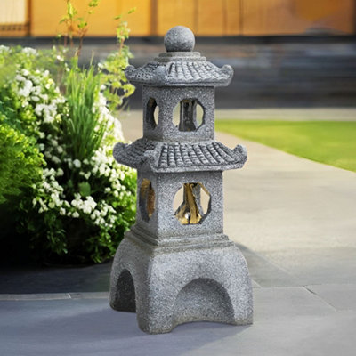 Grey Solar Powered Pagoda Resin Cascading Water Feature  Garden Layered LED Fountain Outdoor Ornament Statue Fountain