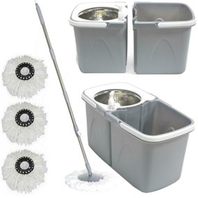 Grey Space Saving 360 degree Rotating Dual Spin Dry Mop & Bucket 3 Microfibre Heads
