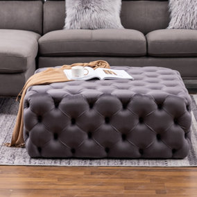 Grey Square Velvet Upholstered Buttoned Footstool 100cm W x 100cm D x 40cm H