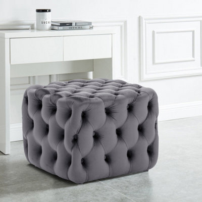 Pouf 50cm High Footstool Grey Square Velvet Upholstered Buttoned