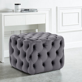 Grey Square Velvet Upholstered Buttoned Footstool Pouf Chair Pouffe Foot Stool 50 cm