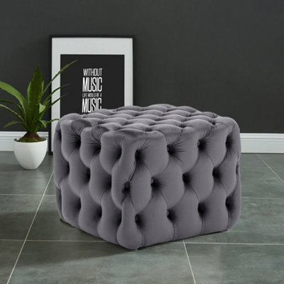 Grey Square Velvet Upholstered Buttoned Footstool Pouf Chair Pouffe Foot Stool 50 cm