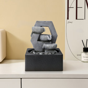 Grey  Stacked Tabletop Fountain Cascading Water Feature  Garden Layered LED Fountain Outdoor Ornament Statue Fountain