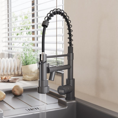 Grey Stainless Steel Kitchen Tap Mixer Tap with Pull Down Spring Spout and Pot Filler