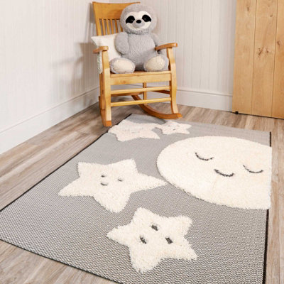 Grey Stars Moon Kids Nursery Bedroom Textured Rug 120x170cm