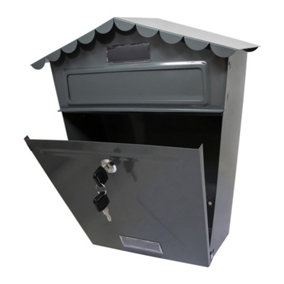 Grey Steel Post Box Large Mailbox Wall Mounted Lockable Letter Mail With 2 Keys - For Home Use & Outside