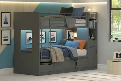Grey Storage Bunk Bed with Shelves and Cupboard Single 3ft