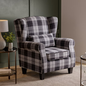 Grey Tartan Linen Wingback Armchair Tub Chair Retro Check Leisure Chair with Cushion