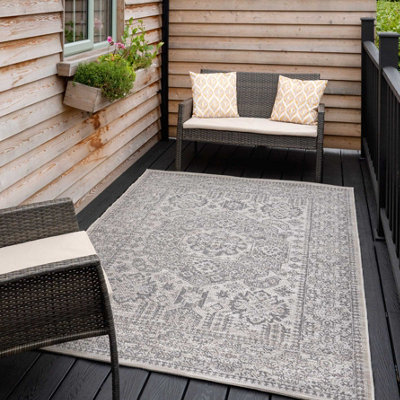 Grey Textured Woven Traditional Medallion Floral Border Easy Clean Indoor Outdoor Area Rug 80x150cm