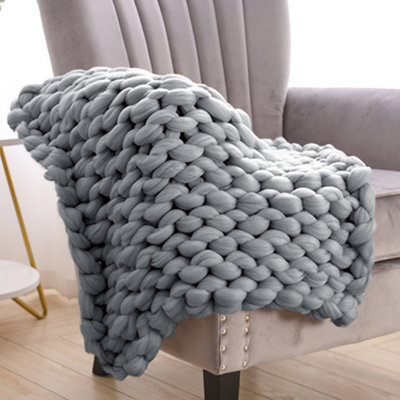 Grey Throw Blanket Chunky Knit Handwoven 60cm L x 60cm W