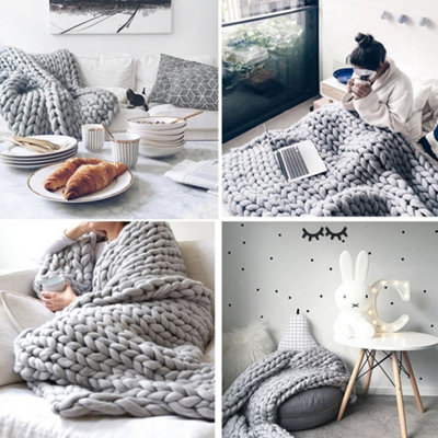 Grey Throw Blanket Chunky Knit Handwoven 60cm L x 60cm W