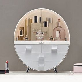 Grey Tiered Dustproof Round Desktop Makeup Organizer Cosmetic Storage Box with 4 Drawers