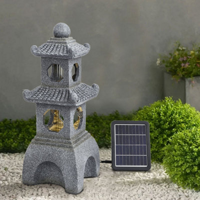 Grey Tiered Pagoda Resin Garden Fountain Water Feature LED Lighted with Solar Panel