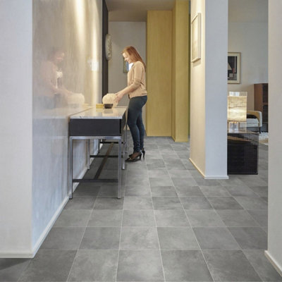 Grey Tile Effect Anti-Slip Vinyl Flooring For LivingRoom, Kitchen, 2mm Thick Cushion Backed Vinyl Sheet-3m(9'9") X 3m(9'9")-9m²