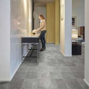 Grey Tile Effect Anti-Slip Vinyl Sheet For DiningRoom LivingRoom Hallways Conservatory And Kitchen Use-1m X 2m (2m²)
