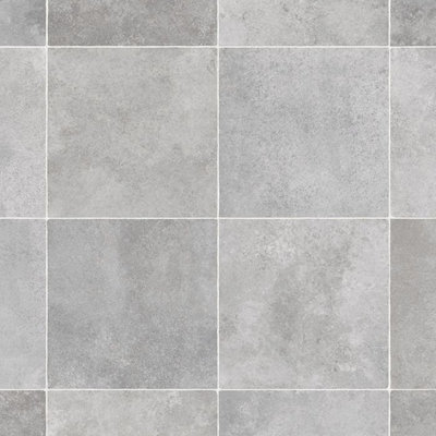 Grey Tile Effect Vinyl Flooring For LivingRoom, Kitchen, 2mm Thick Cushion Backed Vinyl Sheet-2m(6'6") X 2m(6'6")-4m²