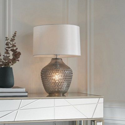 Grey Tinted Faceted Glass Twin Lit Table Lamp Light Vintage