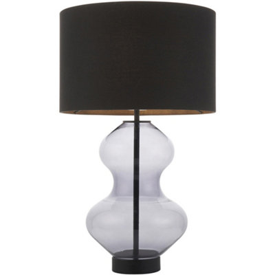 Grey Tinted Glass Table Lamp - Black Cotton Fabric With Matt Black Paint Shade - Dimmable 10W LED E27