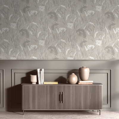 Grey Tones Floral Wallpaper Textured Dandelion Silhouettes Meadows Gold Metallic Shimmer Feature Wall