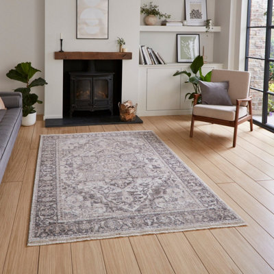 Grey Traditional Abstract Bordered 10mm Thick Stain-Resistant Rug For Bedroom, Living Room, & Dining Room-80cm X 300cm