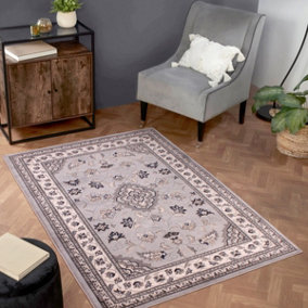 Grey Traditional Bordered Floral Rug Easy to clean Dining Room-120cm X 170cm