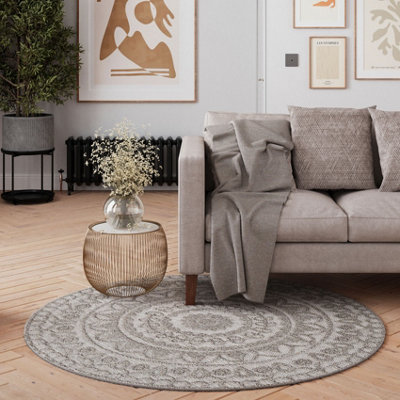 Grey Traditional Floral Textured 3D Pile Round Circle Mat
