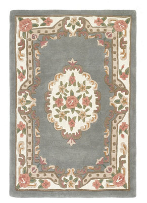 Grey Traditional Wool Rug, Handmade Rug with 25mm Thickness, Grey Floral Rug for Bedroom, & Dining Room-67cm X 127cm (Halfmoon)