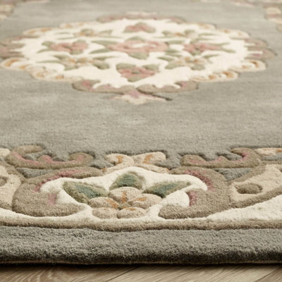 Grey Traditional Wool Rug, Handmade Rug with 25mm Thickness, Grey Floral Rug for Bedroom, & Dining Room-67cm X 210cm (Runner)