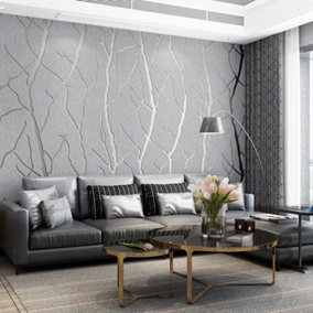 Grey Tree Texture Patterned Suede Effect No Woven Embossed Wallpaper