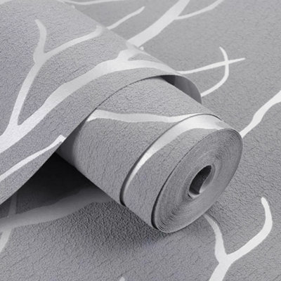 Grey Tree Texture Patterned Suede Effect No Woven Embossed Wallpaper