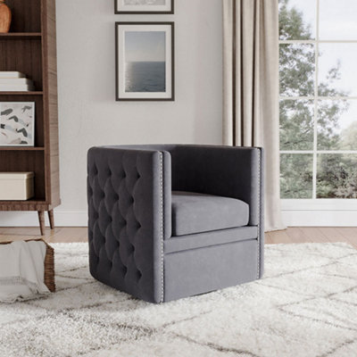 Grey Tufted Velvet Barrel Swivel Accent Chair