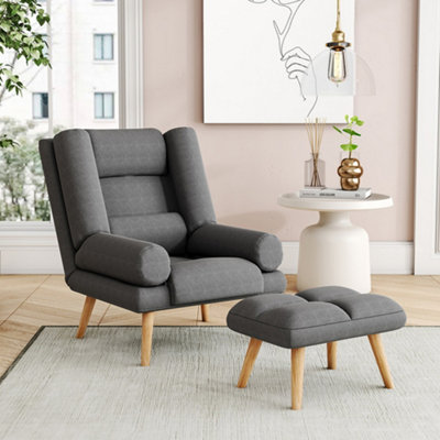 Grey Upholstered Comfy Accent Chair with Footstool and Adjustable Backrest