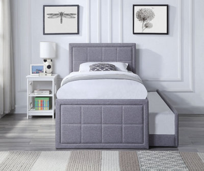 Grey Upholstered Single Trundle Bed Frame With Pull Out Bed