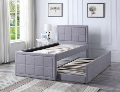 Grey Upholstered Single Trundle Bed Frame With Pull Out Bed