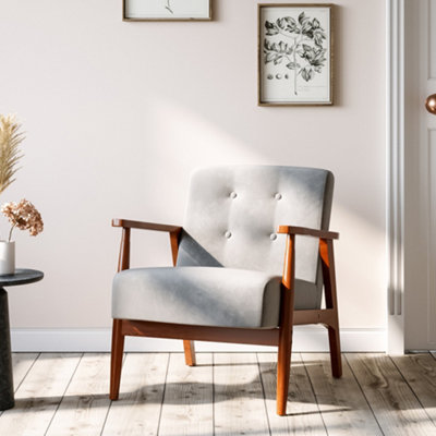 Grey Upholstered Tufted Buttoned Solid Wooden Frame Armchair DIY