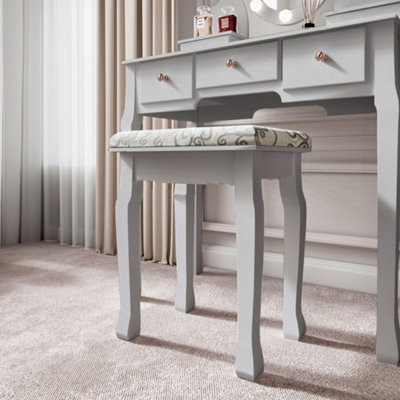 Grey Vanity Dresser Stool Set Hollywood LED Mirror Lights Battery Vintage Design 5 Storage Drawers Makeup Table Jewellery Organise
