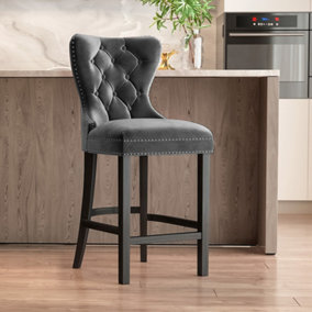 Grey Velvet Bar Stool Chair with Footrest Wood Legs