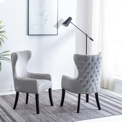 Grey Velvet Dining Chair Studded Design Accent Chair Kitchen Chair with ...