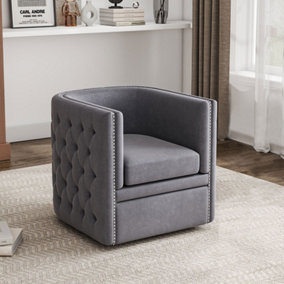 Grey Velvet Effect Barrel Swivel Accent Chair Tub Chair