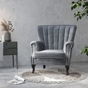 Grey Velvet Effect Sofa Chair Wing Back Occasional Armchair with Wooden Legs