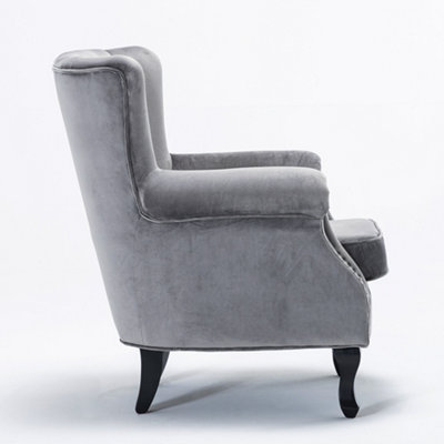 Grey Velvet Effect Sofa Chair Wing Back Occasional Armchair with Wooden Legs
