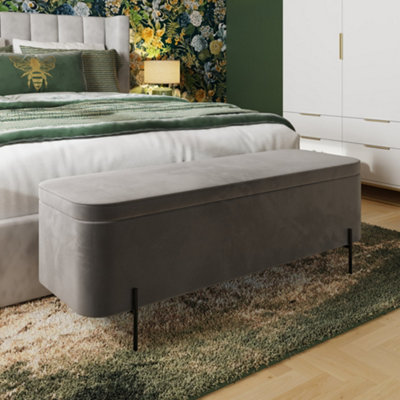 Grey Velvet Ottoman Storage Bench With Black Metal Legs DIY at B&Q