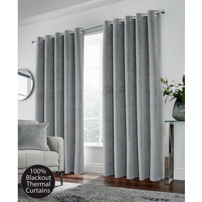 Grey Velvet, Supersoft, 100% Blackout, Thermal Pair of Curtains with Eyelet Top - 46 x 54 inch (117x137cm)