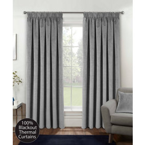 Grey Velvet, Supersoft, 100% Blackout, Thermal Pair of Curtains with Tape Top - 46 x 54 inch (117x137cm)