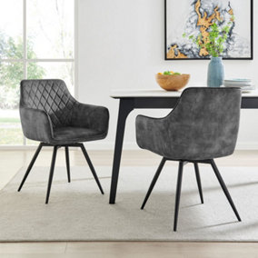 Grey Velvet Swivel Dining Chair With Black Legs Set Of 2